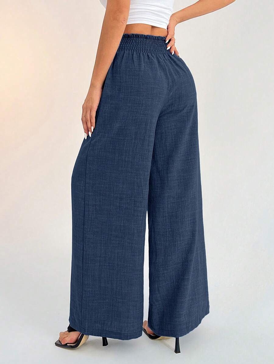 SHEIN PETITE Women's Casual Vacation Waistband Blue Wide Leg Pants Work Pants