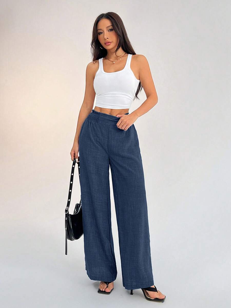SHEIN PETITE Women's Casual Vacation Waistband Blue Wide Leg Pants Work Pants