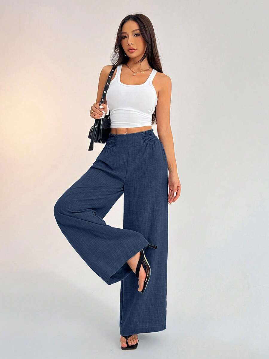 SHEIN PETITE Women's Casual Vacation Waistband Blue Wide Leg Pants Work Pants