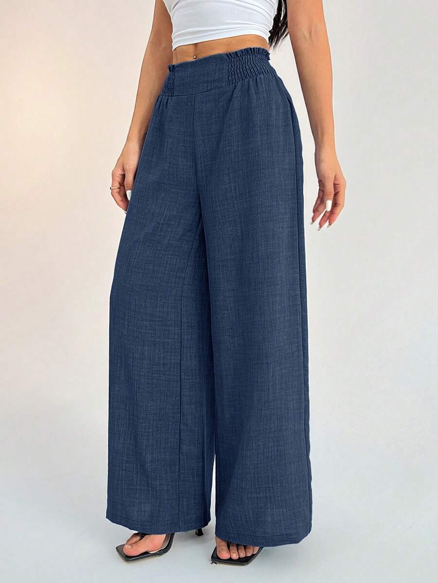 SHEIN PETITE Women's Casual Vacation Waistband Blue Wide Leg Pants Work Pants