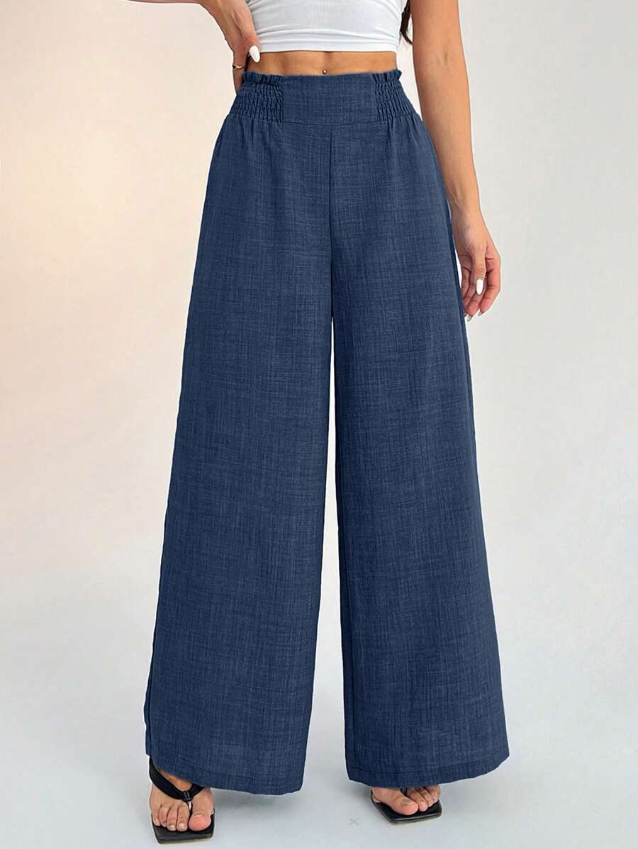 SHEIN PETITE Women's Casual Vacation Waistband Blue Wide Leg Pants Work Pants