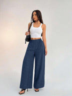 SHEIN PETITE Women's Casual Vacation Waistband Blue Wide Leg Pants Work Pants