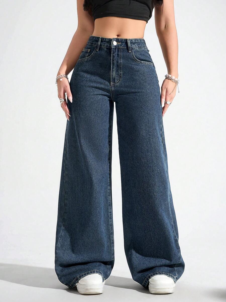 SHEIN ICON Women's Loose Fit Wide Leg Pockets Casual Versatile Jeans Pants