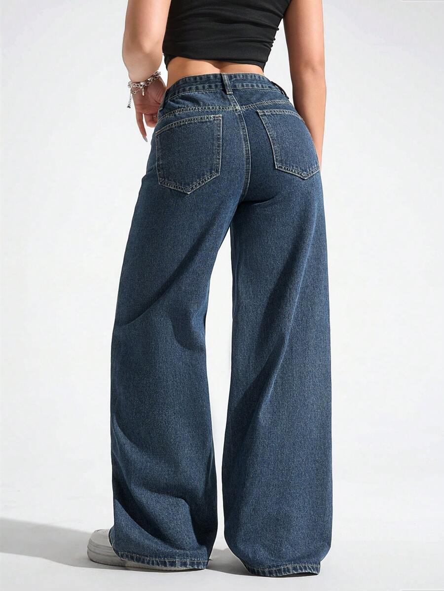SHEIN ICON Women's Loose Fit Wide Leg Pockets Casual Versatile Jeans Pants