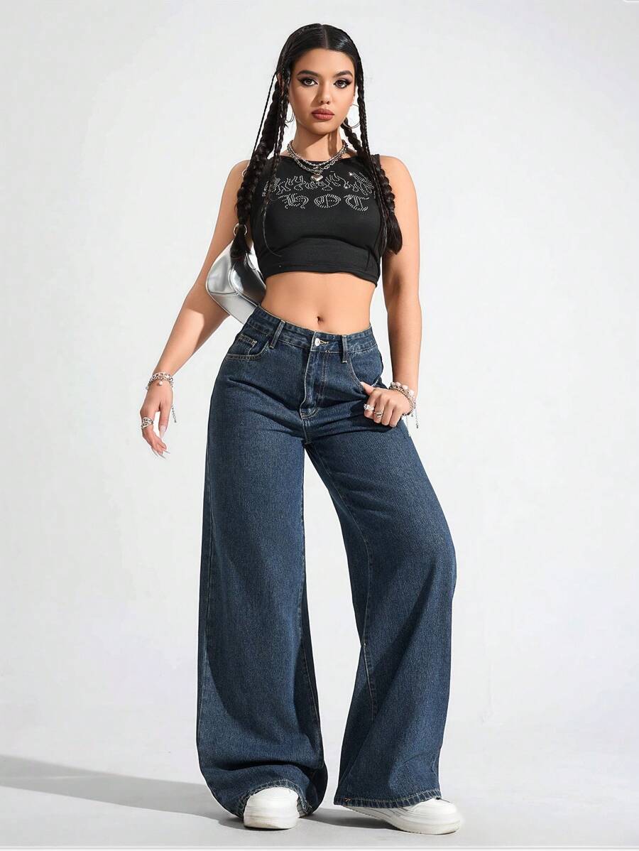 SHEIN ICON Women's Loose Fit Wide Leg Pockets Casual Versatile Jeans Pants