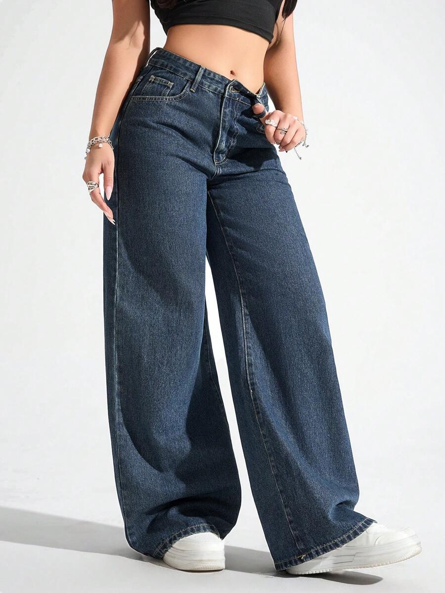 SHEIN ICON Women's Loose Fit Wide Leg Pockets Casual Versatile Jeans Pants