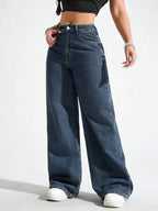 SHEIN ICON Women's Loose Fit Wide Leg Pockets Casual Versatile Jeans Pants