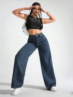 SHEIN ICON Women's Loose Fit Wide Leg Pockets Casual Versatile Jeans Pants