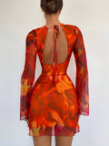 Siren Gaze Women's Sexy Mesh Patchwork Flare Sleeve Backless Mini Dress, Autumn,Dresses For Women Party Brown Summer