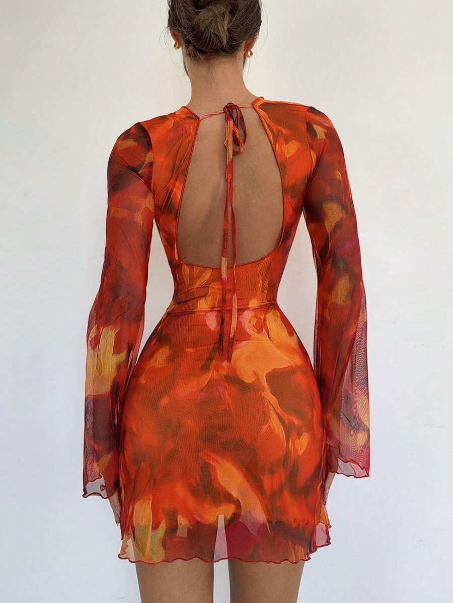 Siren Gaze Women's Sexy Mesh Patchwork Flare Sleeve Backless Mini Dress, Autumn,Dresses For Women Party Brown Summer