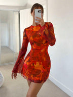 Siren Gaze Women's Sexy Mesh Patchwork Flare Sleeve Backless Mini Dress, Autumn,Dresses For Women Party Brown Summer