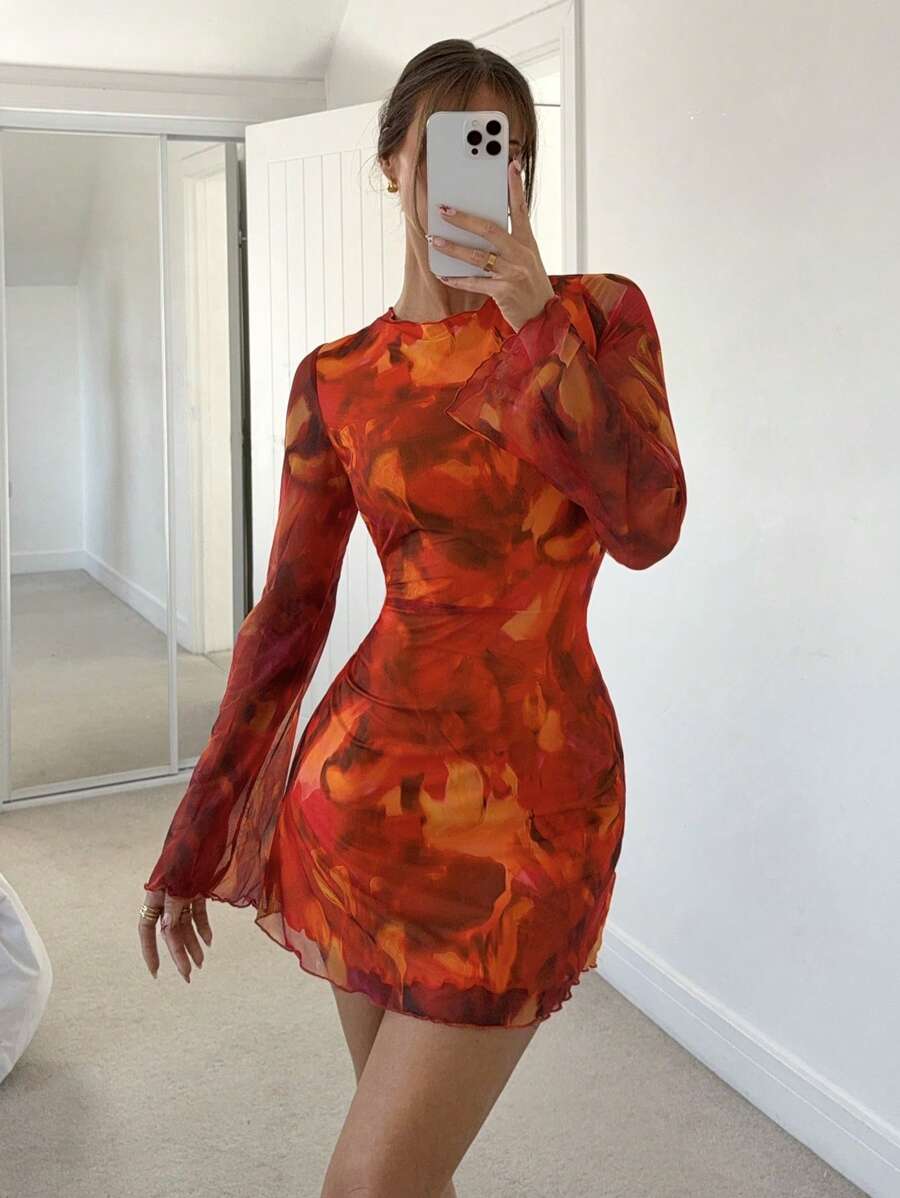 Siren Gaze Women's Sexy Mesh Patchwork Flare Sleeve Backless Mini Dress, Autumn,Dresses For Women Party Brown Summer