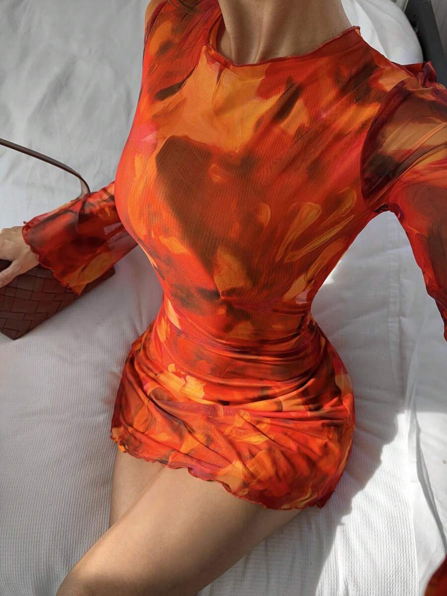 Siren Gaze Women's Sexy Mesh Patchwork Flare Sleeve Backless Mini Dress, Autumn,Dresses For Women Party Brown Summer