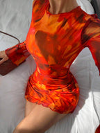 Siren Gaze Women's Sexy Mesh Patchwork Flare Sleeve Backless Mini Dress, Autumn,Dresses For Women Party Brown Summer