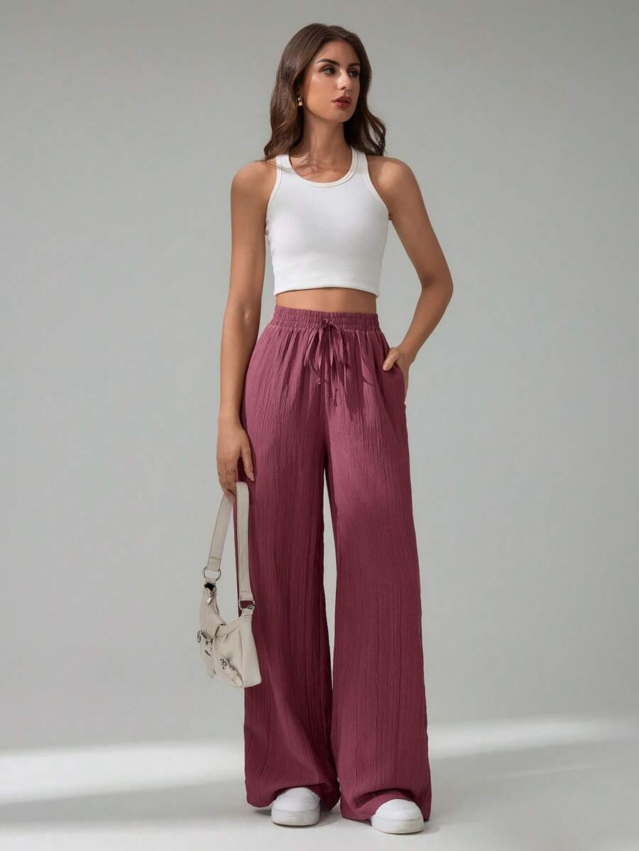 SHEIN Tall Women's Solid Color Belted Wide Leg Loose Casual Pants,Cargo Pants