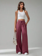 SHEIN Tall Women's Solid Color Belted Wide Leg Loose Casual Pants,Cargo Pants
