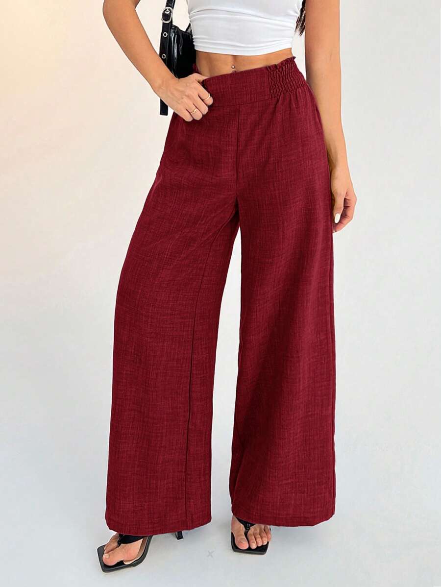 SHEIN PETITE Women's Casual Vacation Waistband Blue Wide Leg Pants Work Pants