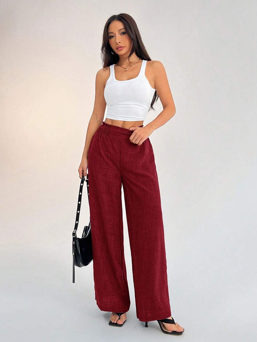 SHEIN PETITE Women's Casual Vacation Waistband Blue Wide Leg Pants Work Pants