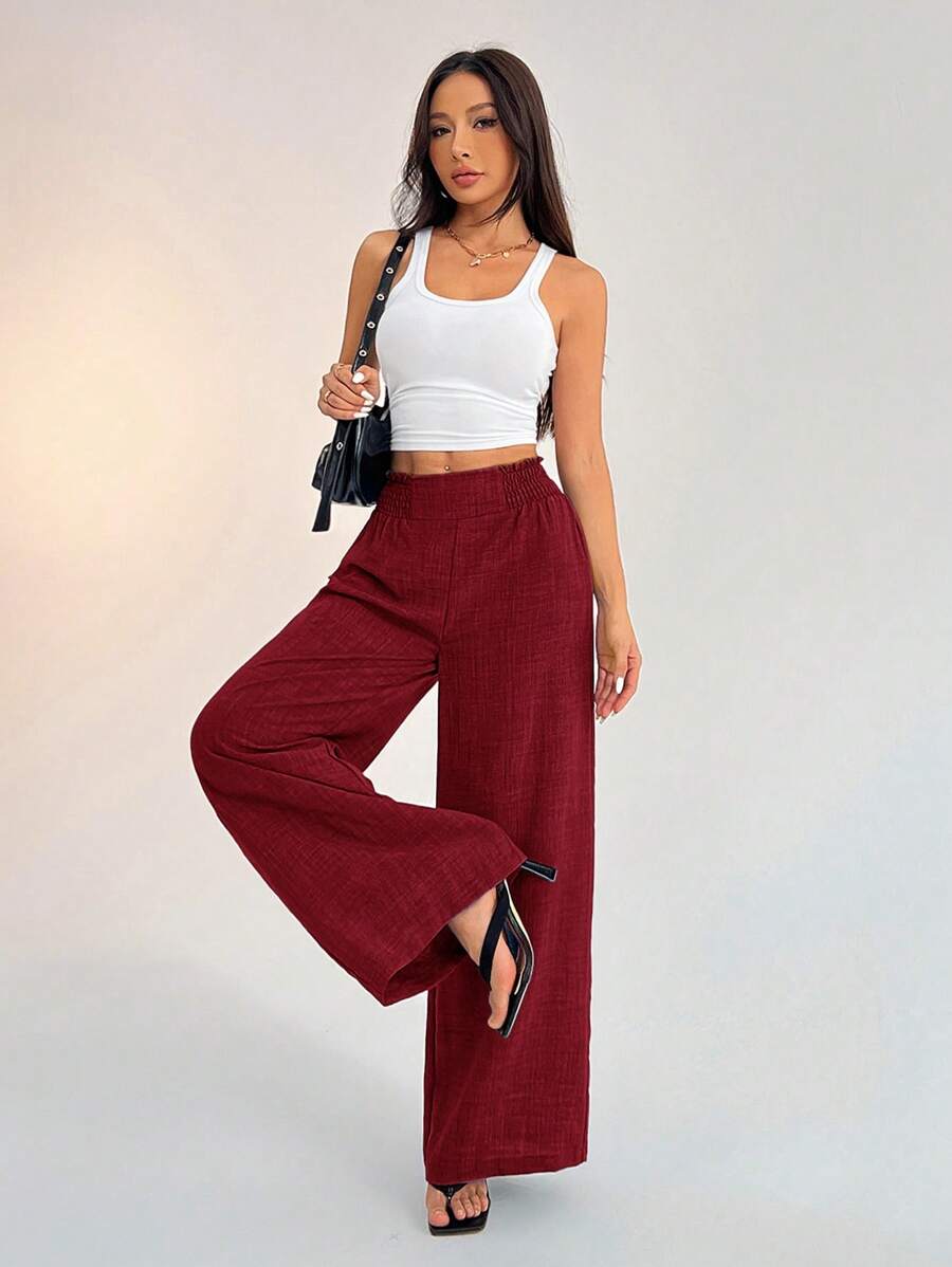 SHEIN PETITE Women's Casual Vacation Waistband Blue Wide Leg Pants Work Pants