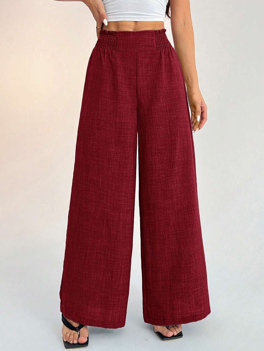 SHEIN PETITE Women's Casual Vacation Waistband Blue Wide Leg Pants Work Pants