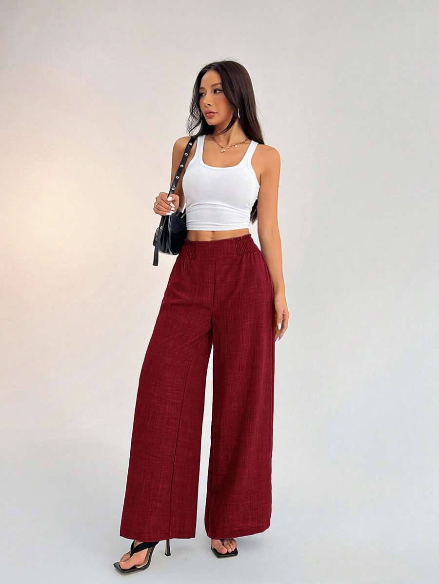 SHEIN PETITE Women's Casual Vacation Waistband Blue Wide Leg Pants Work Pants