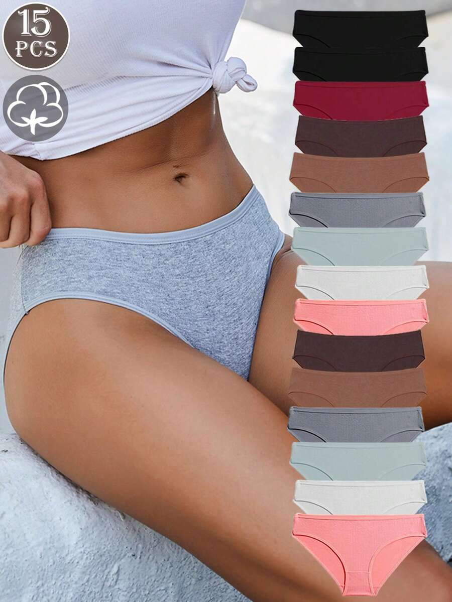 15 Pcs Of Women's Cotton Multi-Color Simple And Comfortable Sports Style Light And Breathable Low Waisted Panties