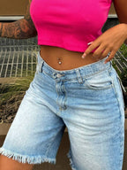 Women's Straight Leg Denim Shorts, Slim Fit 7/8 Length, With Pockets, Casual Non-Stretch Frayed Hem Shorts, Suitable For Daily Wear