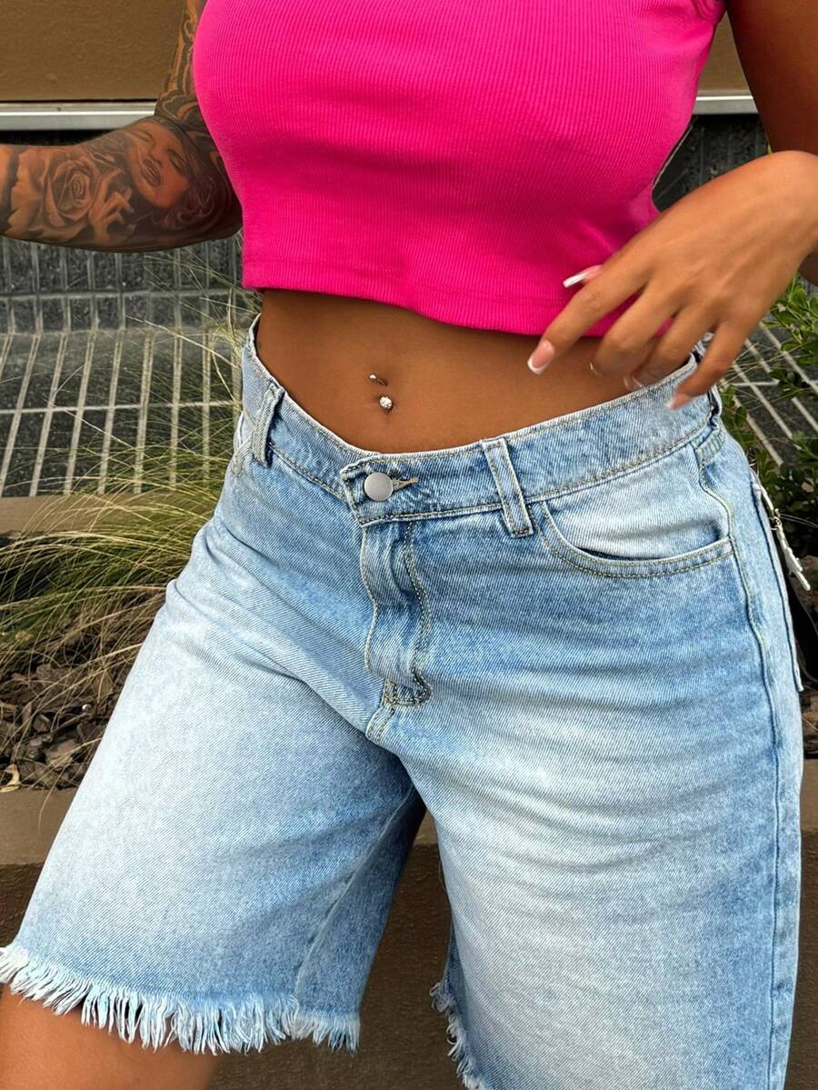 Women's Straight Leg Denim Shorts, Slim Fit 7/8 Length, With Pockets, Casual Non-Stretch Frayed Hem Shorts, Suitable For Daily Wear