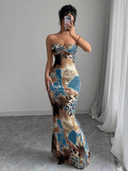 Selianne Sleeveless Twist Cutout Back Tie Up Bodycon Maxi Leopard Print Dress
