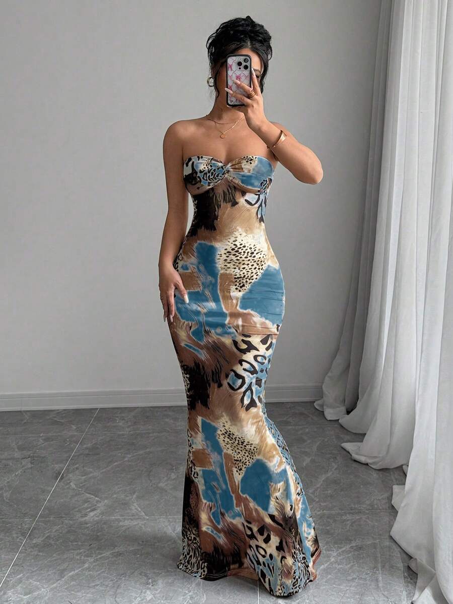Selianne Sleeveless Twist Cutout Back Tie Up Bodycon Maxi Leopard Print Dress
