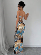 Selianne Sleeveless Twist Cutout Back Tie Up Bodycon Maxi Leopard Print Dress