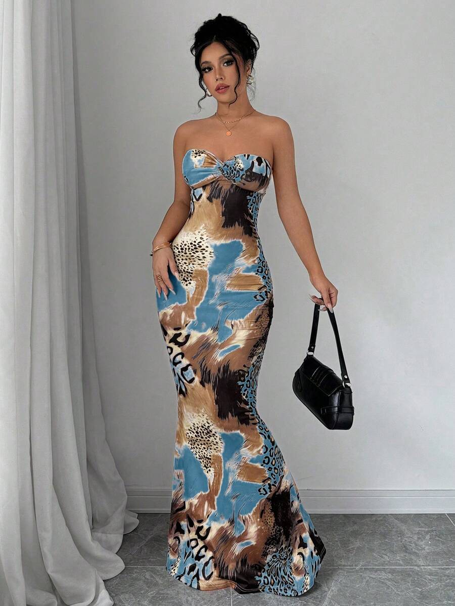 Selianne Sleeveless Twist Cutout Back Tie Up Bodycon Maxi Leopard Print Dress