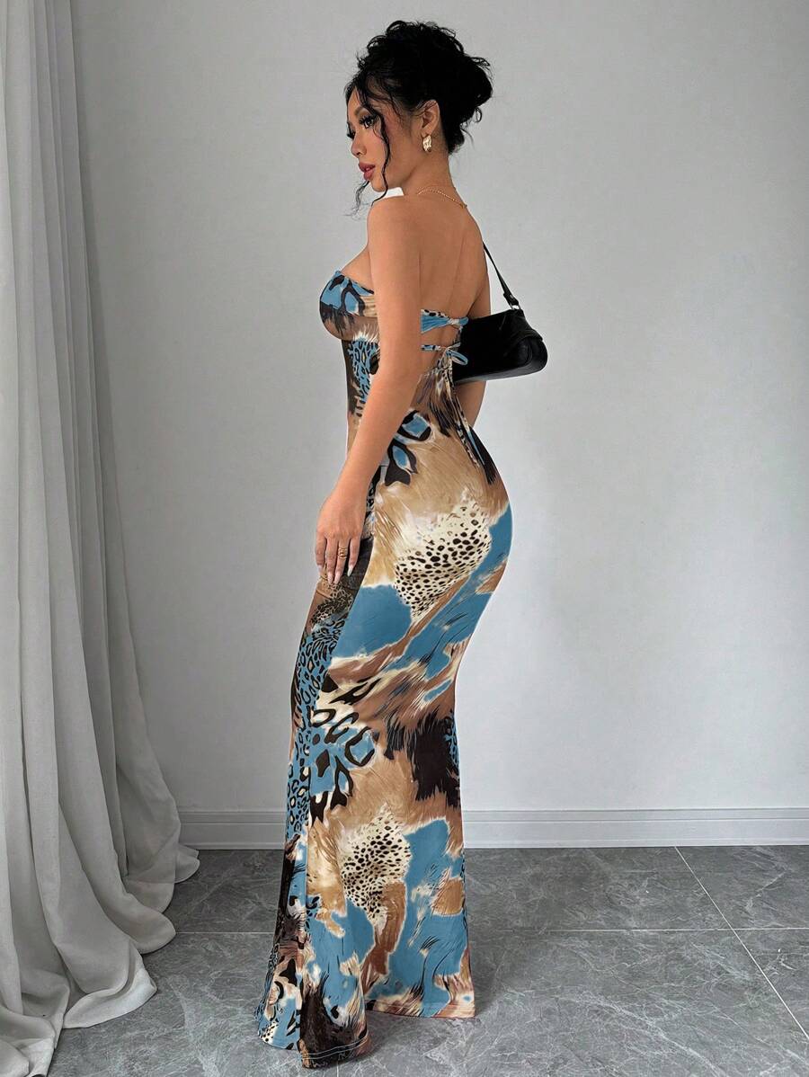 Selianne Sleeveless Twist Cutout Back Tie Up Bodycon Maxi Leopard Print Dress