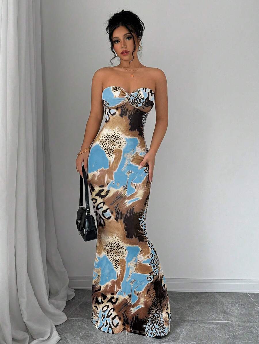 Selianne Sleeveless Twist Cutout Back Tie Up Bodycon Maxi Leopard Print Dress