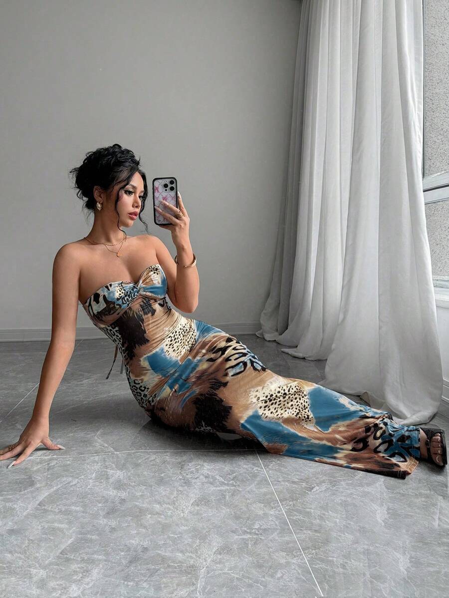 Selianne Sleeveless Twist Cutout Back Tie Up Bodycon Maxi Leopard Print Dress
