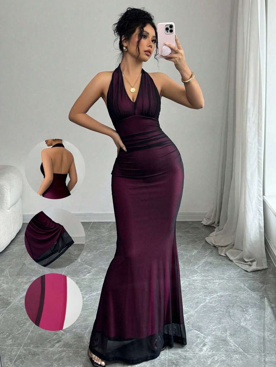 Rafferiza Elegant Bodycon Fishtail Hem V-Neck Waist Pleated Knit Mesh With Rose Red Lining Long Dress For Women, Autumn/Winter Fall Cloth For Women