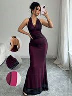 Rafferiza Elegant Bodycon Fishtail Hem V-Neck Waist Pleated Knit Mesh With Rose Red Lining Long Dress For Women, Autumn/Winter Fall Cloth For Women