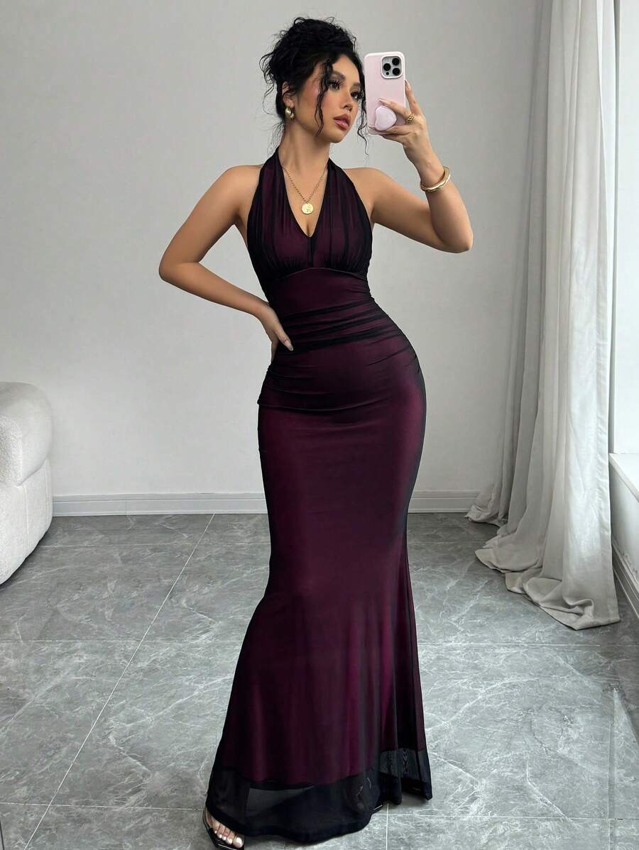 Rafferiza Elegant Bodycon Fishtail Hem V-Neck Waist Pleated Knit Mesh With Rose Red Lining Long Dress For Women, Autumn/Winter Fall Cloth For Women