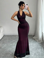 Rafferiza Elegant Bodycon Fishtail Hem V-Neck Waist Pleated Knit Mesh With Rose Red Lining Long Dress For Women, Autumn/Winter Fall Cloth For Women