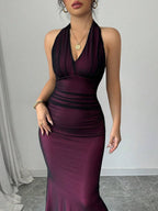 Rafferiza Elegant Bodycon Fishtail Hem V-Neck Waist Pleated Knit Mesh With Rose Red Lining Long Dress For Women, Autumn/Winter Fall Cloth For Women