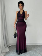 Rafferiza Elegant Bodycon Fishtail Hem V-Neck Waist Pleated Knit Mesh With Rose Red Lining Long Dress For Women, Autumn/Winter Fall Cloth For Women