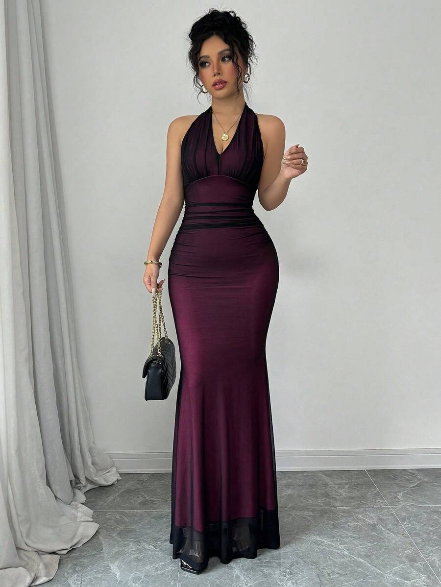 Rafferiza Elegant Bodycon Fishtail Hem V-Neck Waist Pleated Knit Mesh With Rose Red Lining Long Dress For Women, Autumn/Winter Fall Cloth For Women