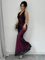 Rafferiza Elegant Bodycon Fishtail Hem V-Neck Waist Pleated Knit Mesh With Rose Red Lining Long Dress For Women, Autumn/Winter Fall Cloth For Women