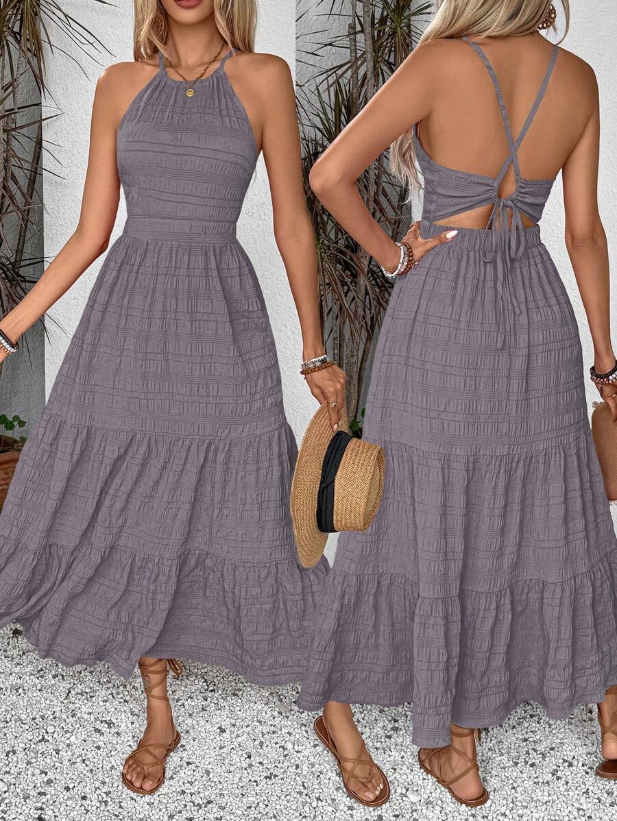Breezaya Summer Holiday Solid Color Textured Backless Dress For New Year Clothes Maxi Vacation Beach Outfits Women