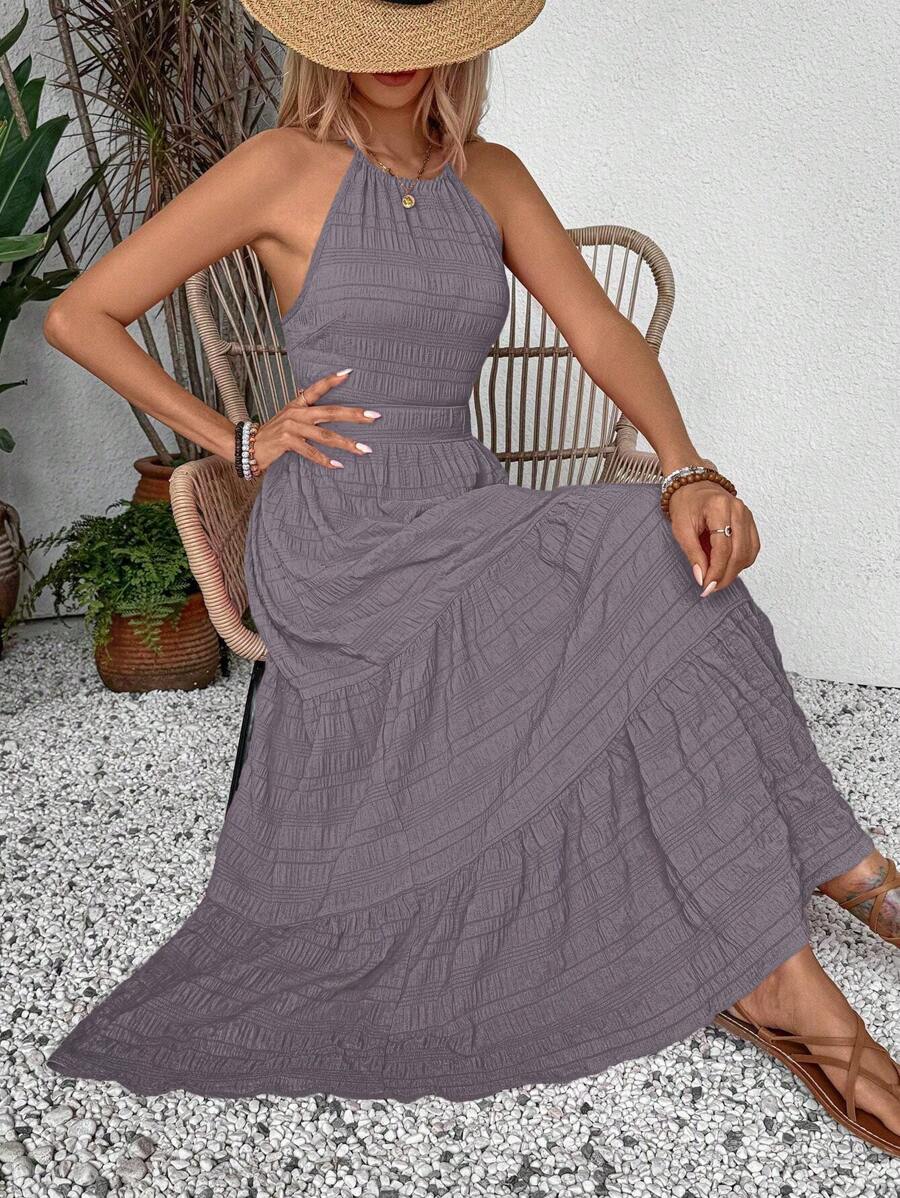 Breezaya Summer Holiday Solid Color Textured Backless Dress For New Year Clothes Maxi Vacation Beach Outfits Women