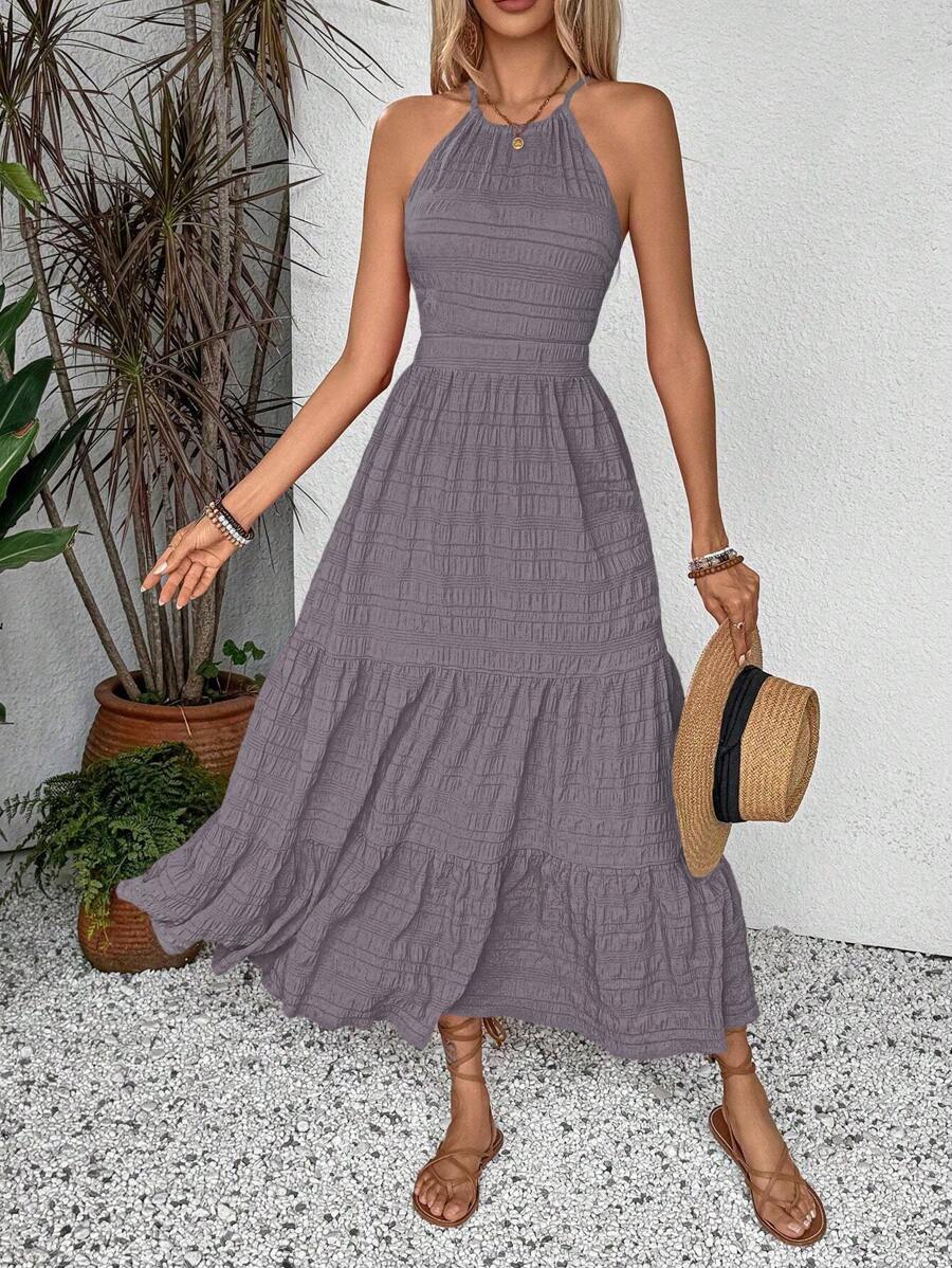Breezaya Summer Holiday Solid Color Textured Backless Dress For New Year Clothes Maxi Vacation Beach Outfits Women
