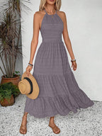 Breezaya Summer Holiday Solid Color Textured Backless Dress For New Year Clothes Maxi Vacation Beach Outfits Women