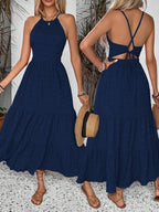 Breezaya Summer Holiday Solid Color Textured Backless Dress For New Year Clothes Maxi Vacation Beach Outfits Women