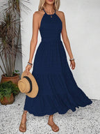Breezaya Summer Holiday Solid Color Textured Backless Dress For New Year Clothes Maxi Vacation Beach Outfits Women