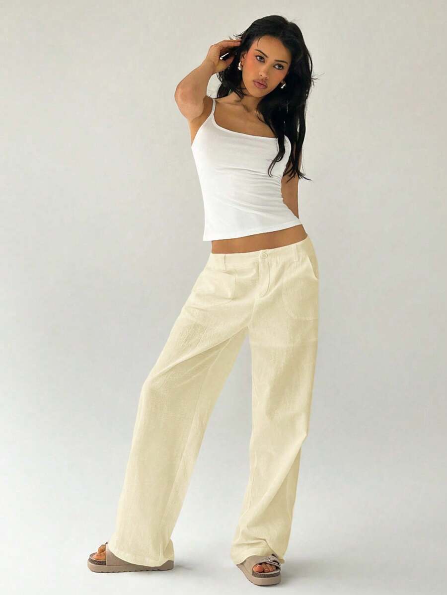 Easelle Women Plain Simple Low Waist Straight Leg Pants,Ladies Spring/Fall Casual Pocket,Zipper Ultra Low Waist Straight Leg Long Black Cotton Loose Women Pants,Casual Daily Wear